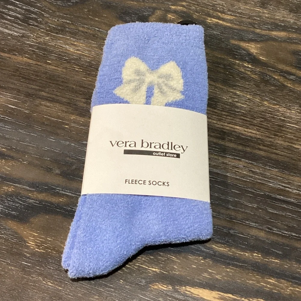Vera Bradley Blue Fleece Socks with White Bow - Picture 1 of 3